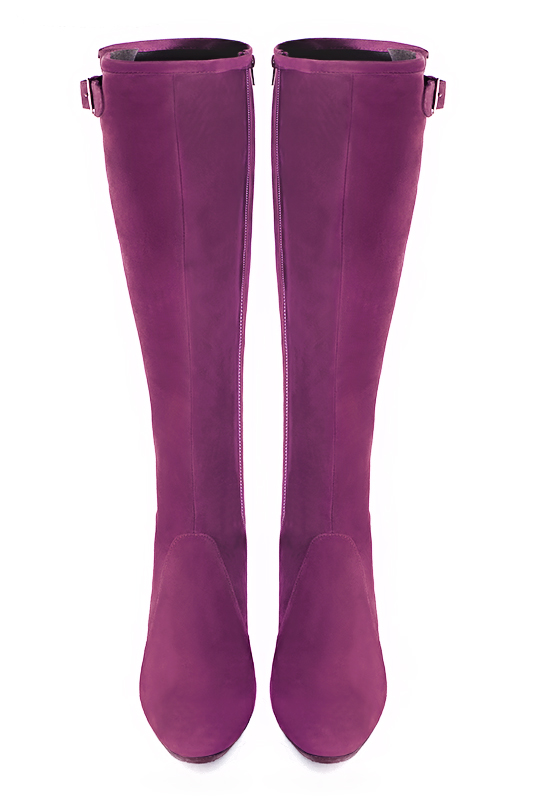 Mulberry purple women's knee-high boots with buckles. Round toe. Medium block heels. Made to measure. Top view - Florence KOOIJMAN